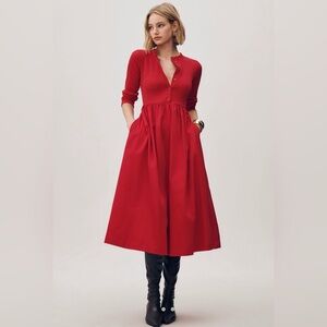 Maeve Red Henley Midi Dress with Pockets